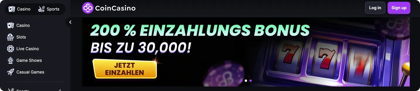CoinCasino Startseite mit Registrierungs-Button