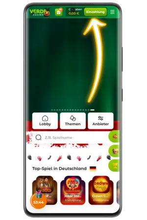 Verde Casino Dashboard nach erfolgreicher Registrierung mit Einzahlungsbutton