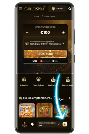 GoldSpin Casino Dashboard mit hervorgehobenem grünem Plus-Symbol für Einzahlungen in der unteren rechten Ecke