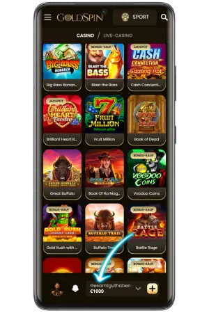 GoldSpin Spielelobby mit Kategorien für Slots, Live-Casino und Tischspiele sowie angezeigtem Kontostand