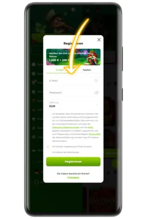 egistrierungsformular mit Feldern für E-Mail und Passwort bei Verde Casino