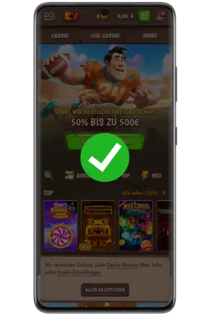 Bestätigung der erfolgreichen Registrierung StoneVegas Casino mit Willkommensnachricht und Einzahlungsbutton