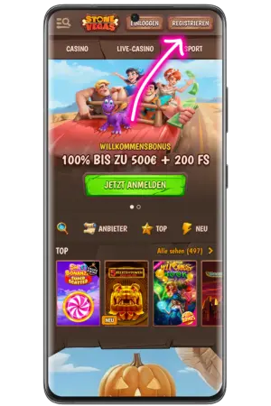 StoneVegas Casino Homepage mit hervorgehobenem Registrierungsbutton im Header-Bereich
