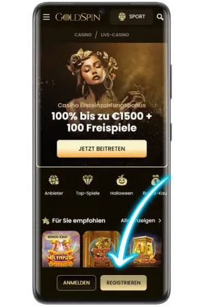 GoldSpin Homepage mit hervorgehobener grüner Registrierungsschaltfläche in der unteren rechten Ecke des Bildschirms
