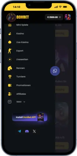 Menüansicht der DonBet App mit Spielkategorien und App-Installation