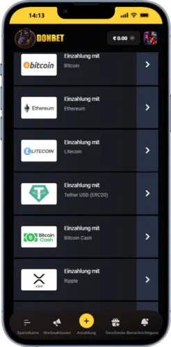 Krypto-Einzahlungsseite der DonBet App mit Bitcoin, Ethereum und USDT
