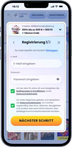 Casinolab Registrierung Schritt 1 – Konto erstellen