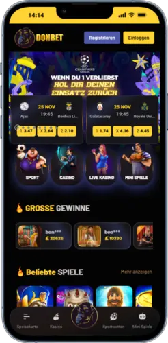 Hauptbildschirm der DonBet App mit Sportwetten und Casino-Bereich