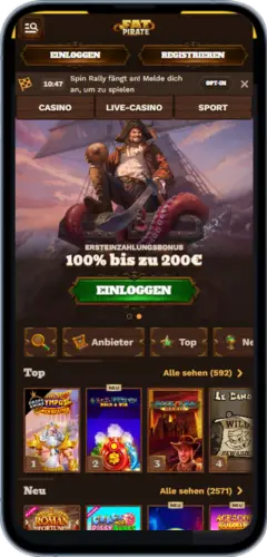 FatPirate Startseite mit Bonusbanner – Mobile Ansicht