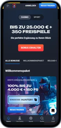 LuckyHunter Startseite mit Bonusaktionen