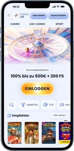 Casinolab App Startseite – Bonus 500€ + 200 FS