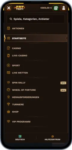 FatPirate Navigationsmenü – Mobile Übersicht