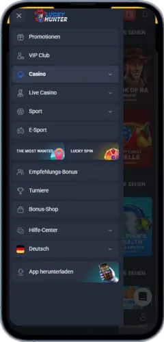 LuckyHunter App Navigationsmenü