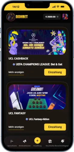 Promotionsseite der DonBet App mit UCL Cashback und Fantasy-Aktionen