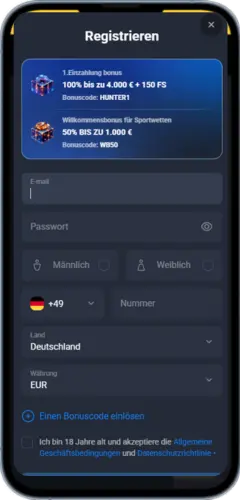 LuckyHunter Registrierung Formular