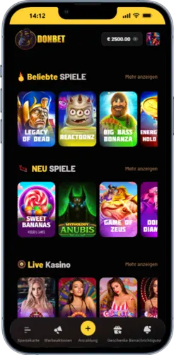 Spielübersicht der DonBet App mit beliebten Slots und neuen Spielen